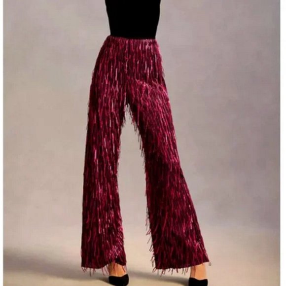 Anthropologie Maeve Sequined Wide Leg Pants Plum PETITE - Picture 2 of 10
